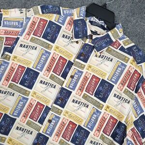 VINTAGE Nautica‎ Shirt Mens Large Button Up Shirt Allover Hawaiian Short Sleeve